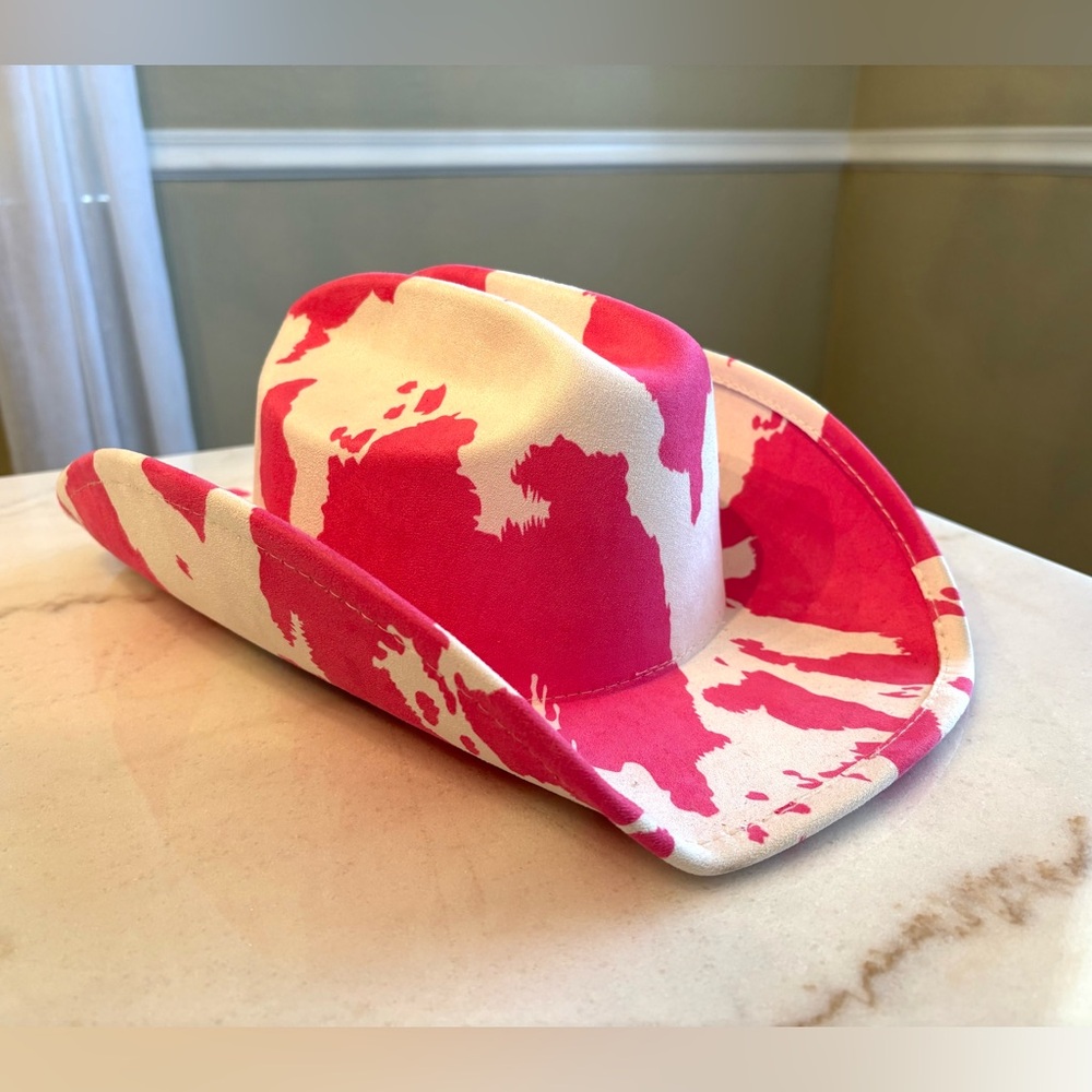 Pink and White Cow Print Cowboy Hat - Picture 2 of 3